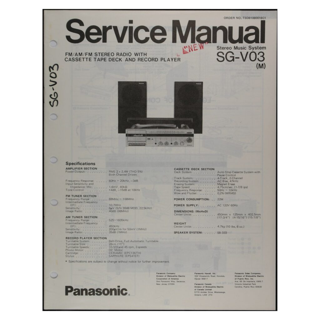 Panasonic SG-V03 Stereo Music System — Service Manual