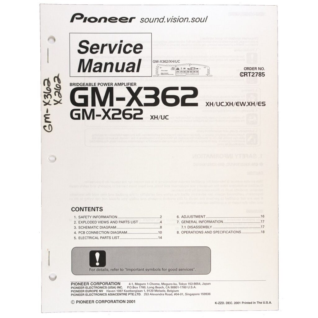 Pioneer GM-X362 / GM-X262 Bridgeable Power Amplifier — Service Manual