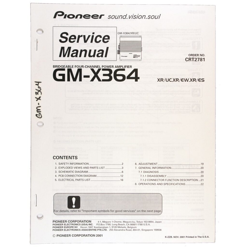 Pioneer GM-X364 Bridgeable Four-Channel Power Amplifier — Service Manual