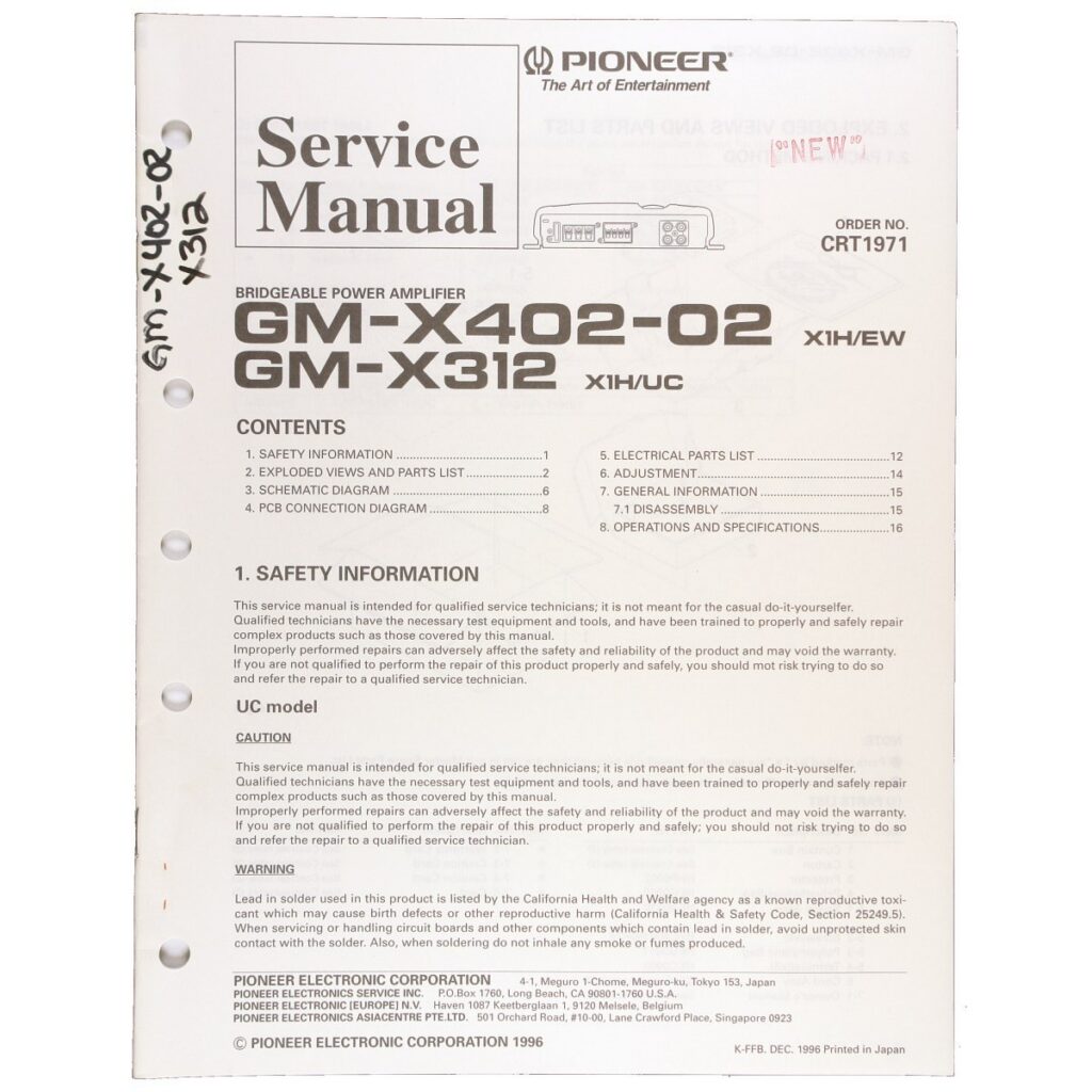 Pioneer GM-X402-02 / GM-X312 Bridgeable Power Amplifier — Service Manual