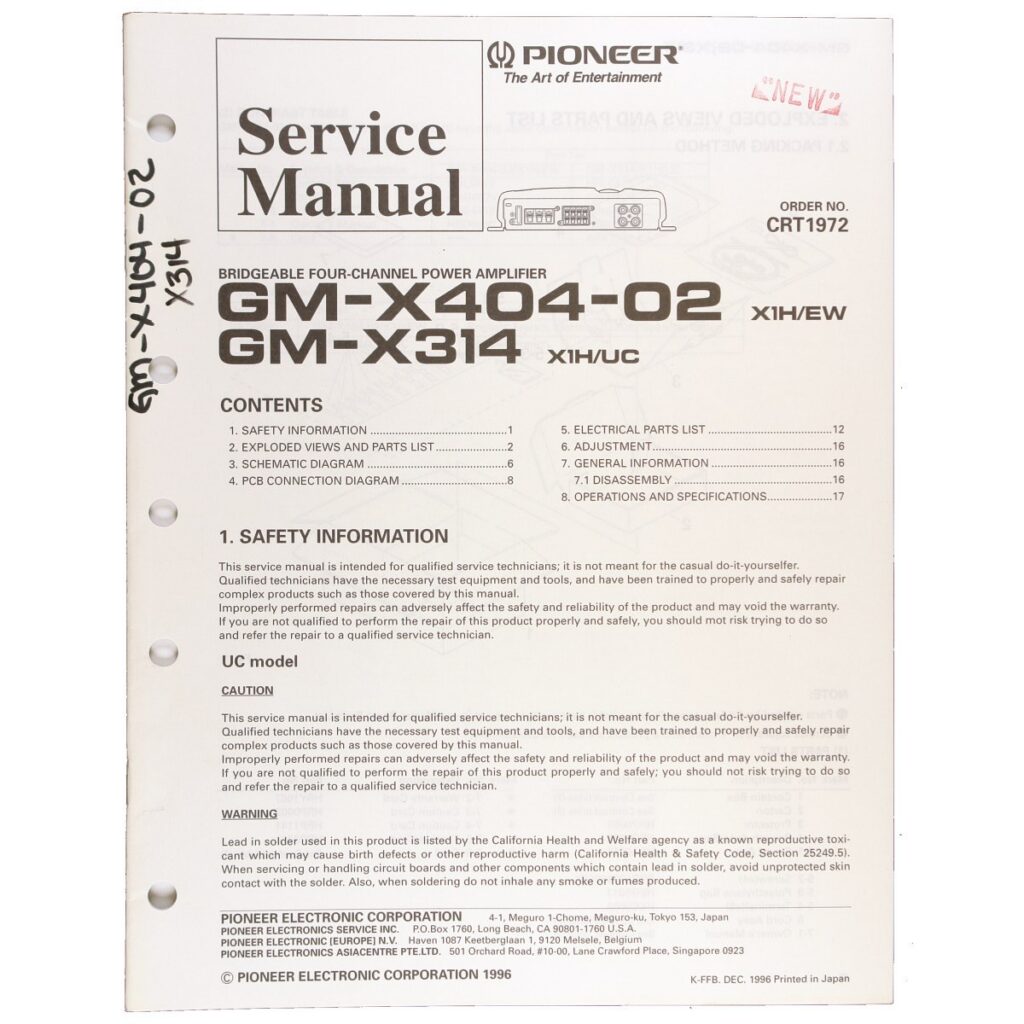 Pioneer GM-X404-02 / GM-X314 Bridgeable Four-Channel Power Amplifier — Service Manual