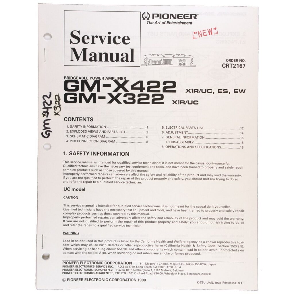 Pioneer GM-X422 / GM-X322 Bridgeable Power Amplifier — Service Manual