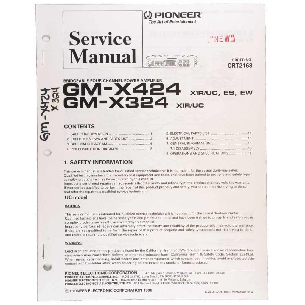 Pioneer GM-X424 / GM-X324 Bridgeable Four-Channel Power Amplifier — Service Manual