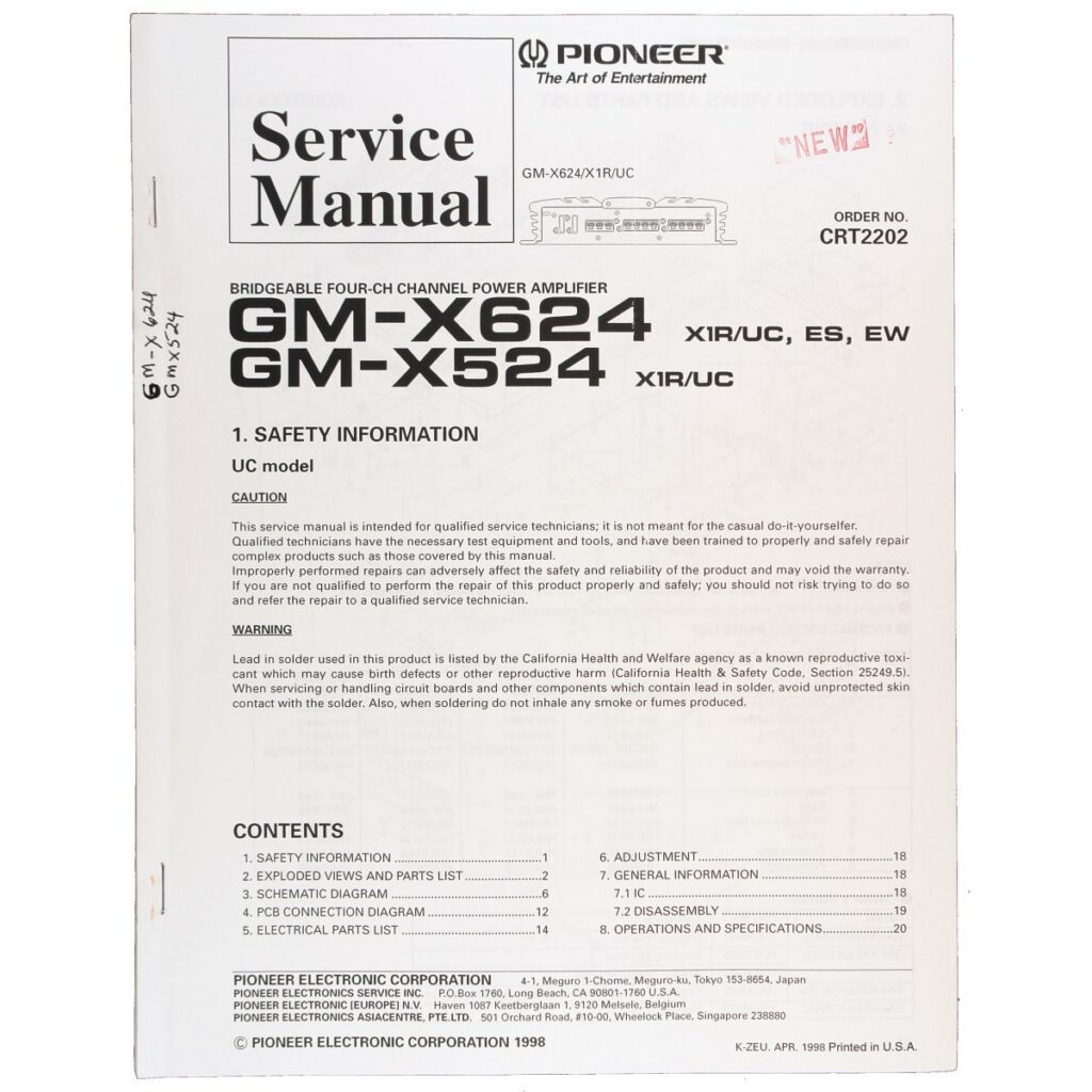 Pioneer GM-X624 / GM-X524 Bridgeable Four-Channel Power Amplifier — Service Manual