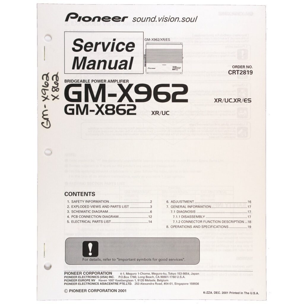 Pioneer GM-X962 / GM-X862 Bridgeable Power Amplifier — Service Manual