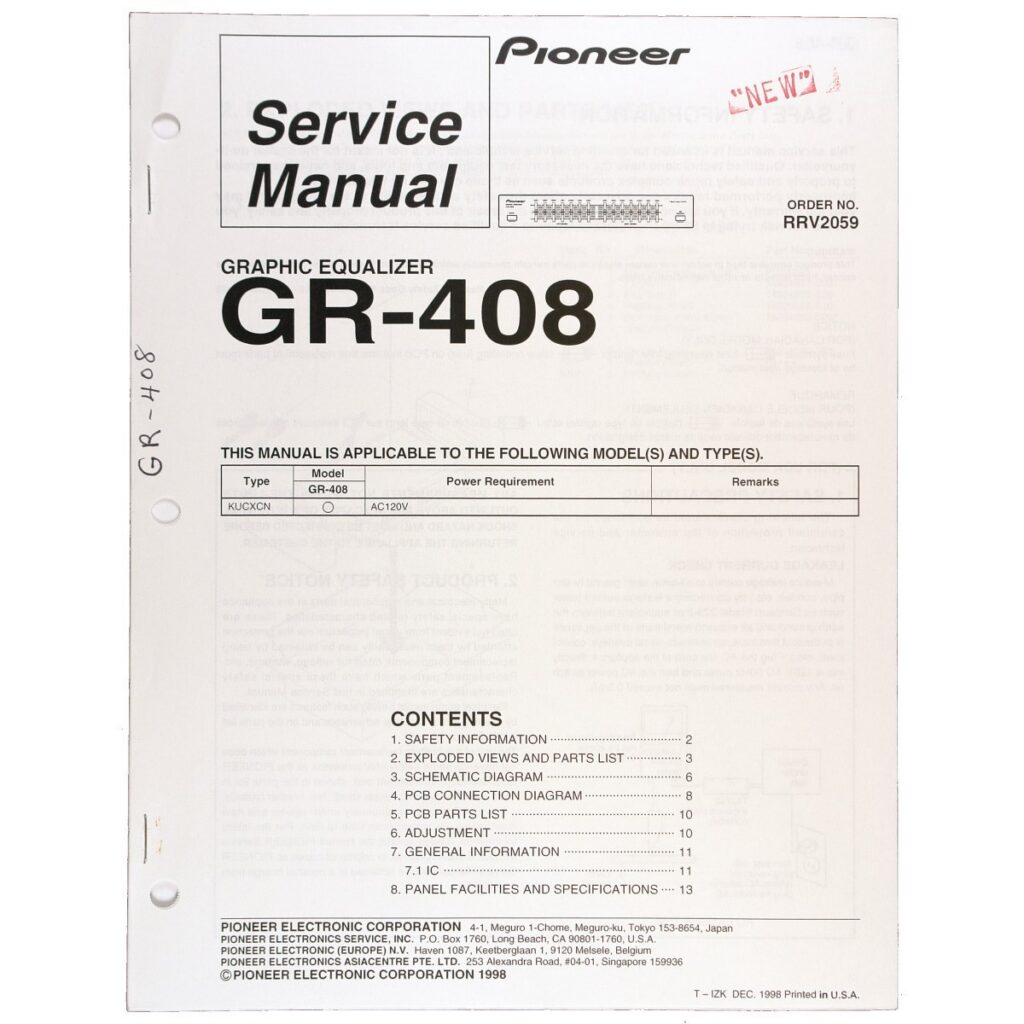 Pioneer GR-408 Graphic Equalizer — Service Manual