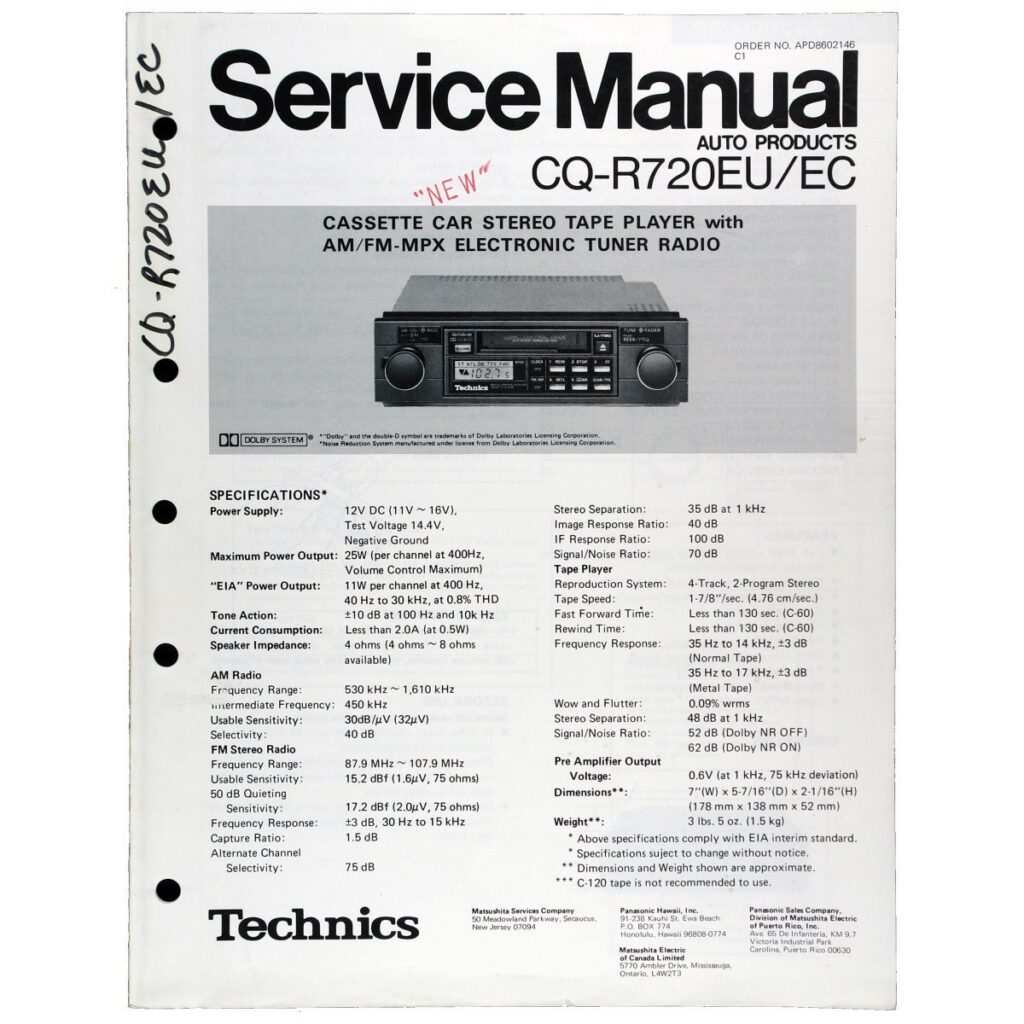 Technics CQ-R720EU Cassette Car Stereo — Service Manual