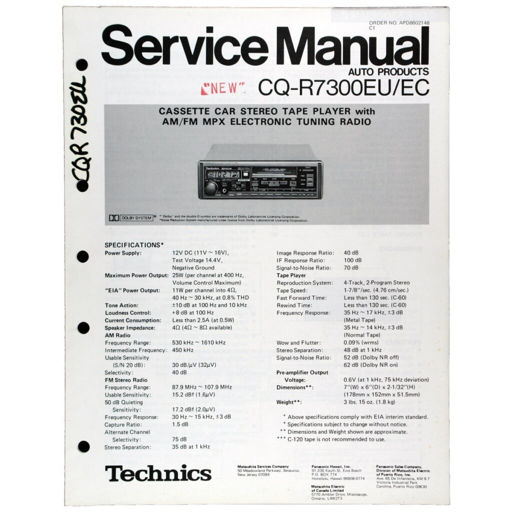 Technics CQ-R7300EU Cassette Car Stereo — Service Manual