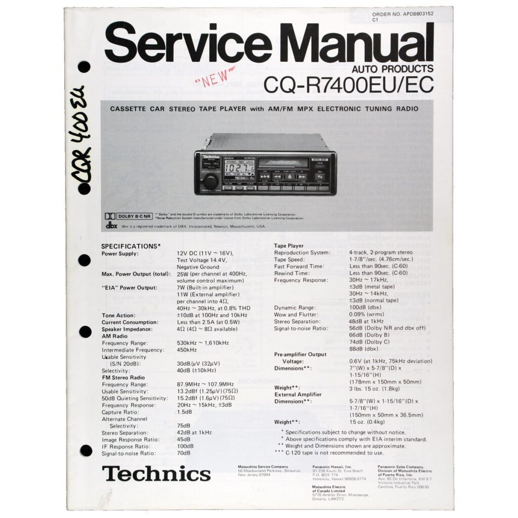 Technics CQ-R7400EU Cassette Car Stereo — Service Manual