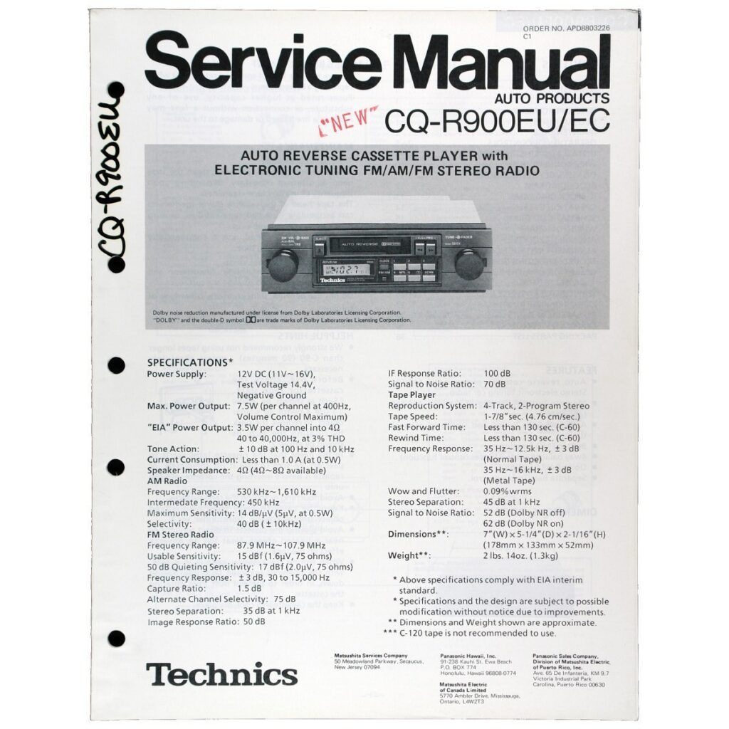 Technics CQ-R900EU Auto-Reverse Cassette Car Stereo — Service Manual