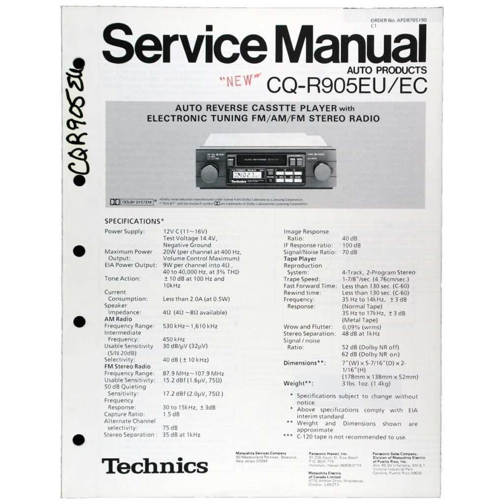Technics CQ-R905EU Auto-Reverse Cassette Car Stereo — Service Manual