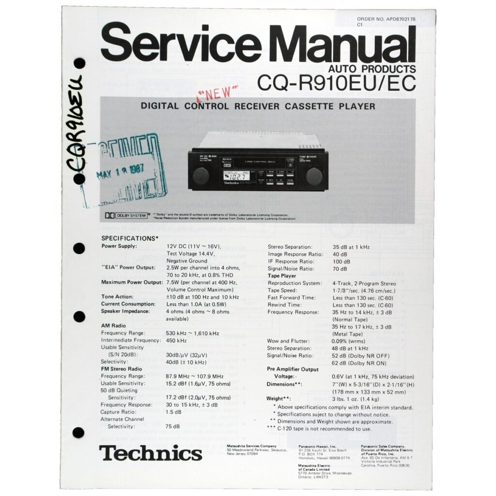 Technics CQ-R910EU Digital-Control Receiver / Cassette Car Stereo — Service Manual