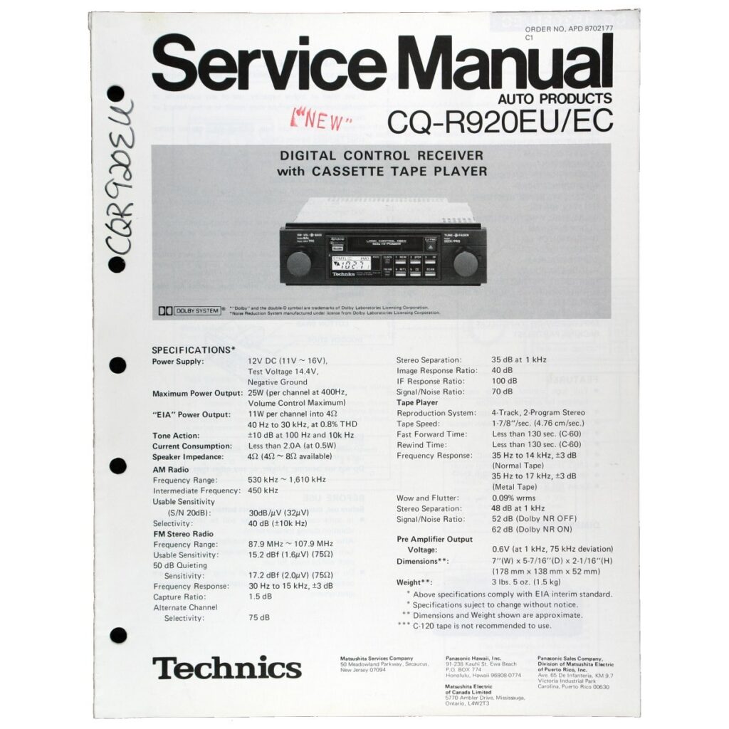 Technics CQ-R920EU Digital-Control Receiver / Cassette Car Stereo — Service Manual