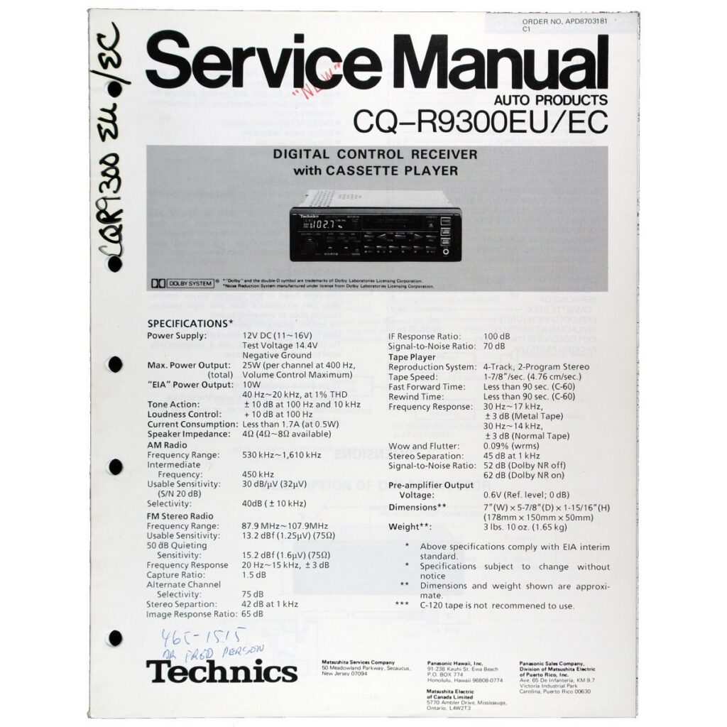 Technics CQ-R9300EU Digital-Control Receiver / Cassette Car Stereo — Service Manual