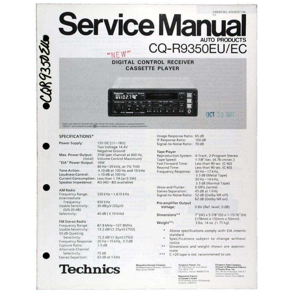 Technics CQ-R9350EU Digital-Control Receiver / Cassette Car Stereo — Service Manual