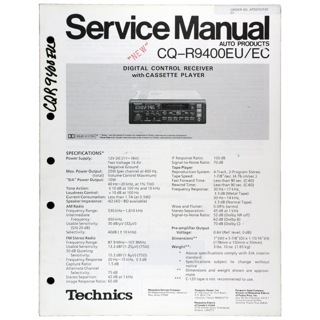 Technics CQ-R9400EU Digital-Control Receiver / Cassette Car Stereo — Service Manual