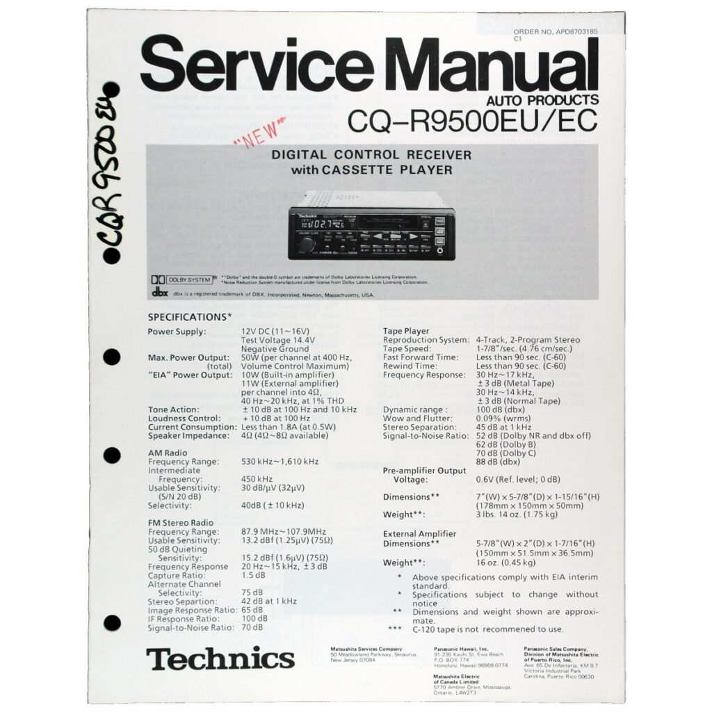 Technics CQ-R9500EU Digital-Control Receiver / Cassette Car Stereo — Service Manual