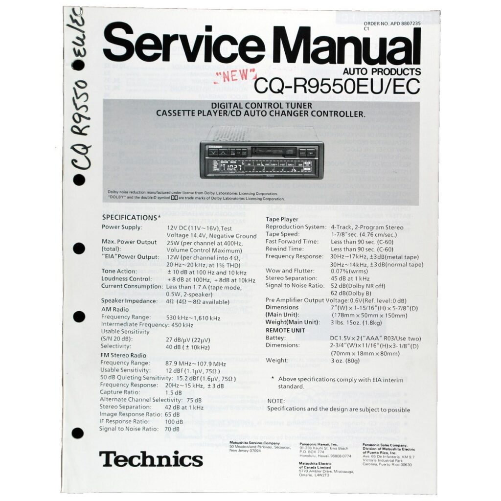Technics CQ-R9550EU Digital-Control Tuner / Cassette / CD Changer Controller — Service Manual