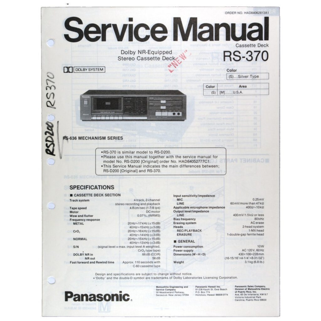 Technics RS-370 Stereo Cassette Deck — Service Manual