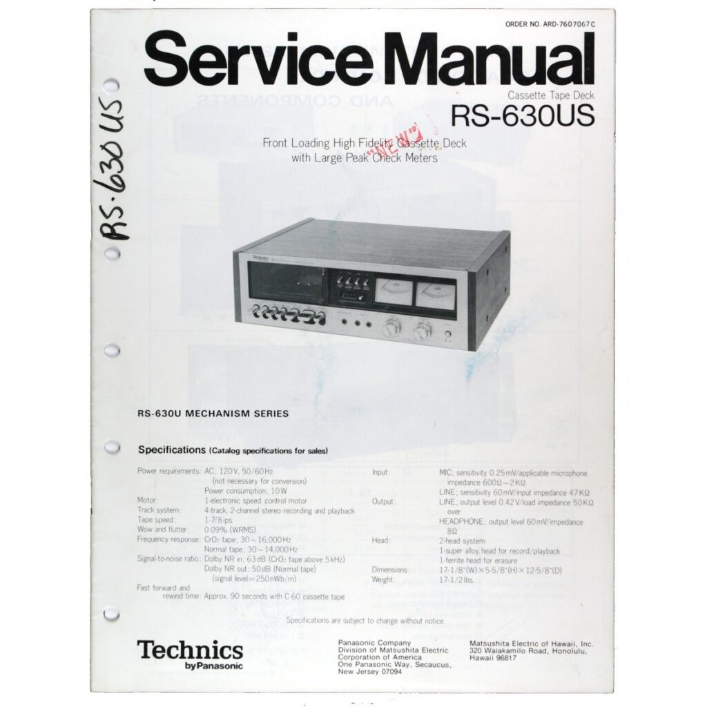 Technics RS-630US Stereo Cassette Deck — Service Manual