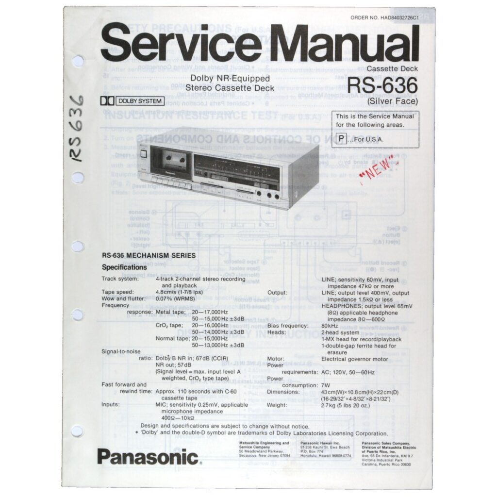 Technics RS-636 Stereo Cassette Deck — Service Manual