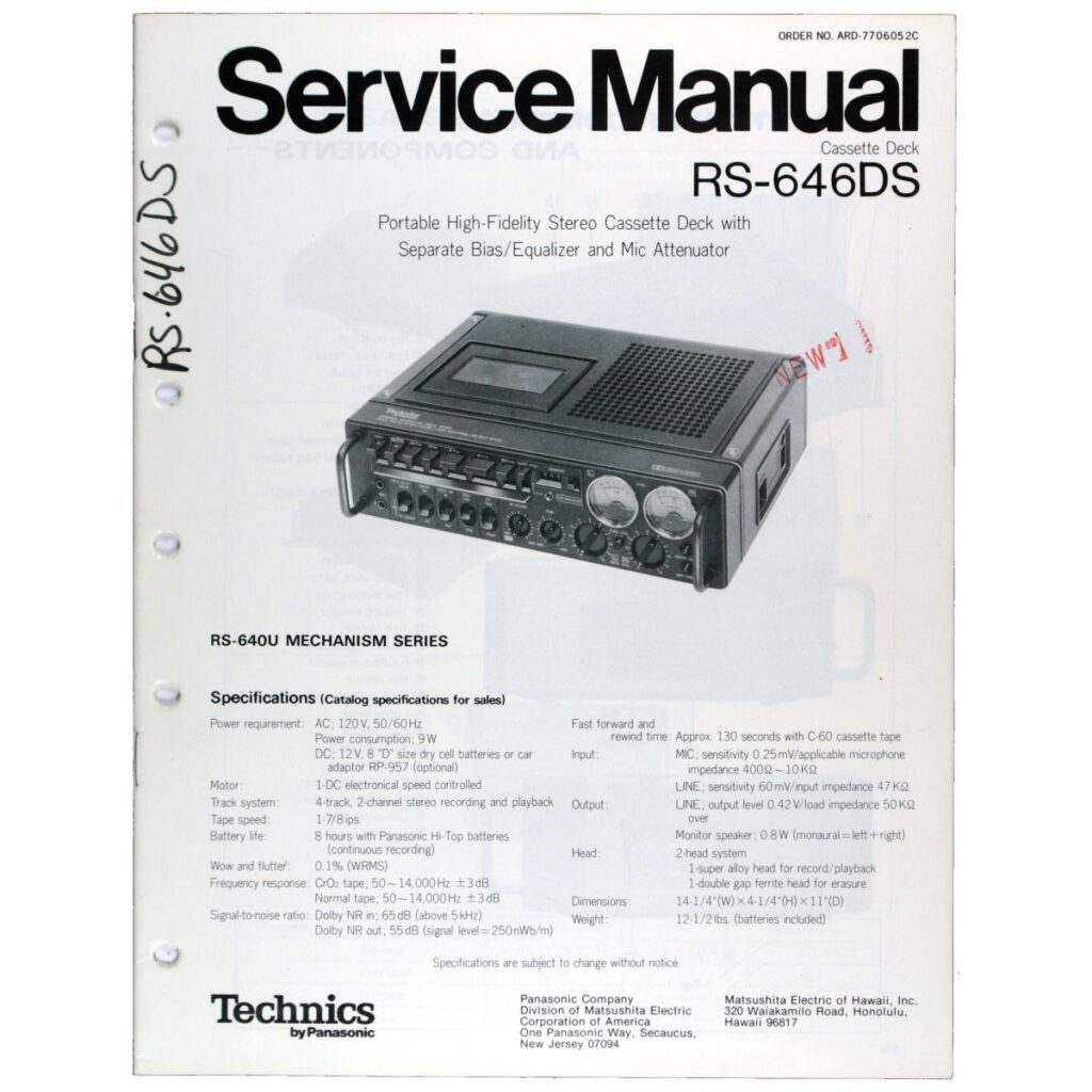Technics RS-646DS Stereo Cassette Deck — Service Manual