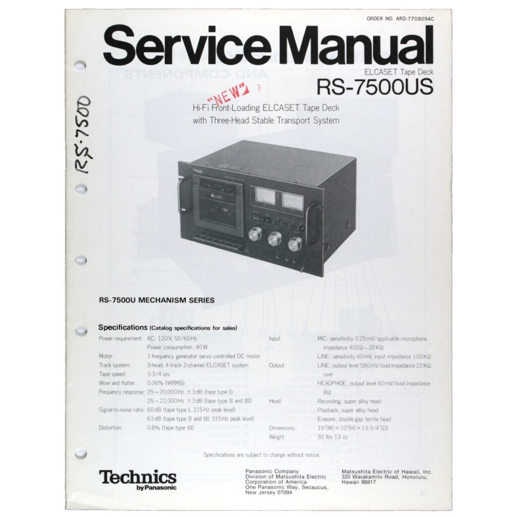 Technics RS-7500US Elcaset Stereo Tape Deck — Service Manual