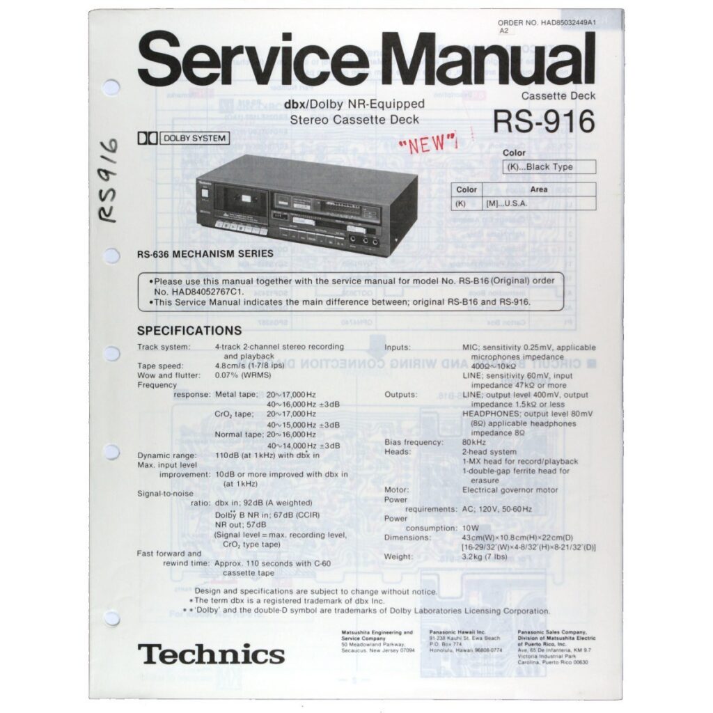 Technics RS-916 Stereo Cassette Deck — Service Manual