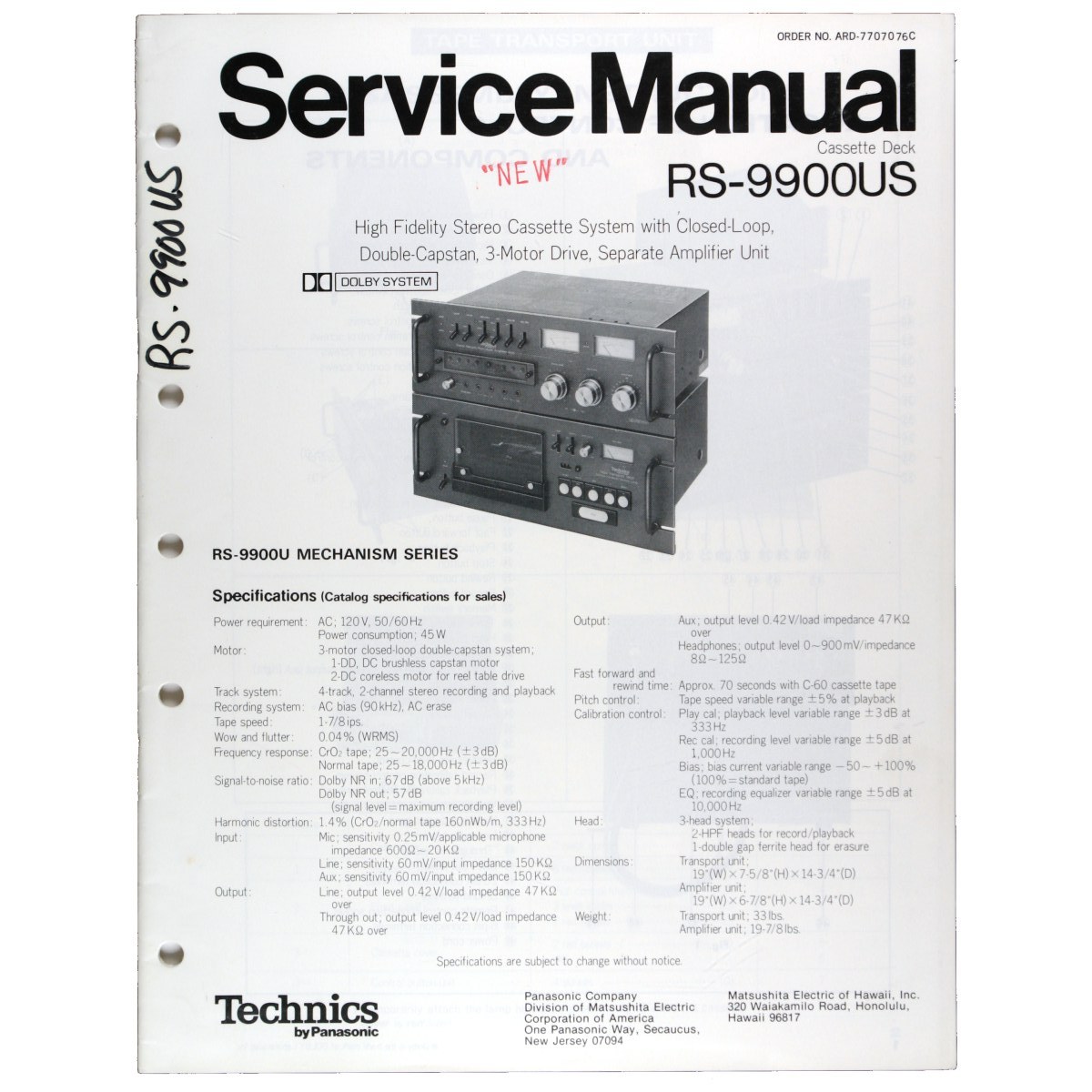 Technics RS-9900US Stereo Cassette Deck — Service Manual