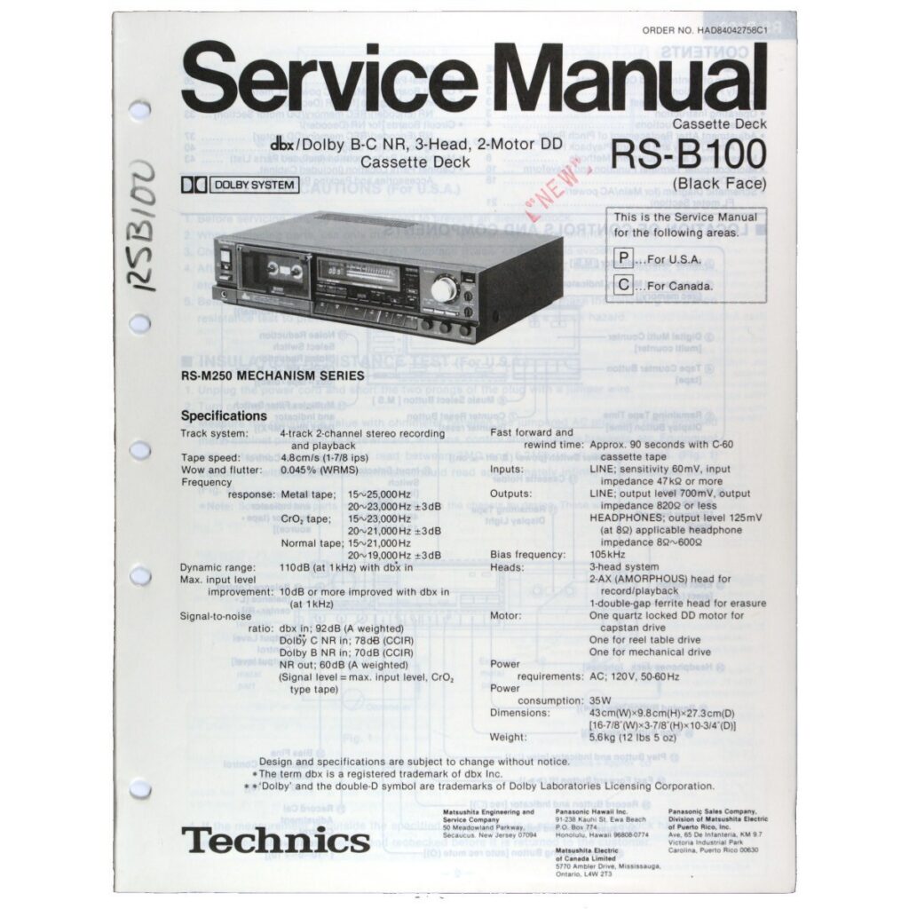 Technics RS-B100 Stereo Cassette Deck — Service Manual