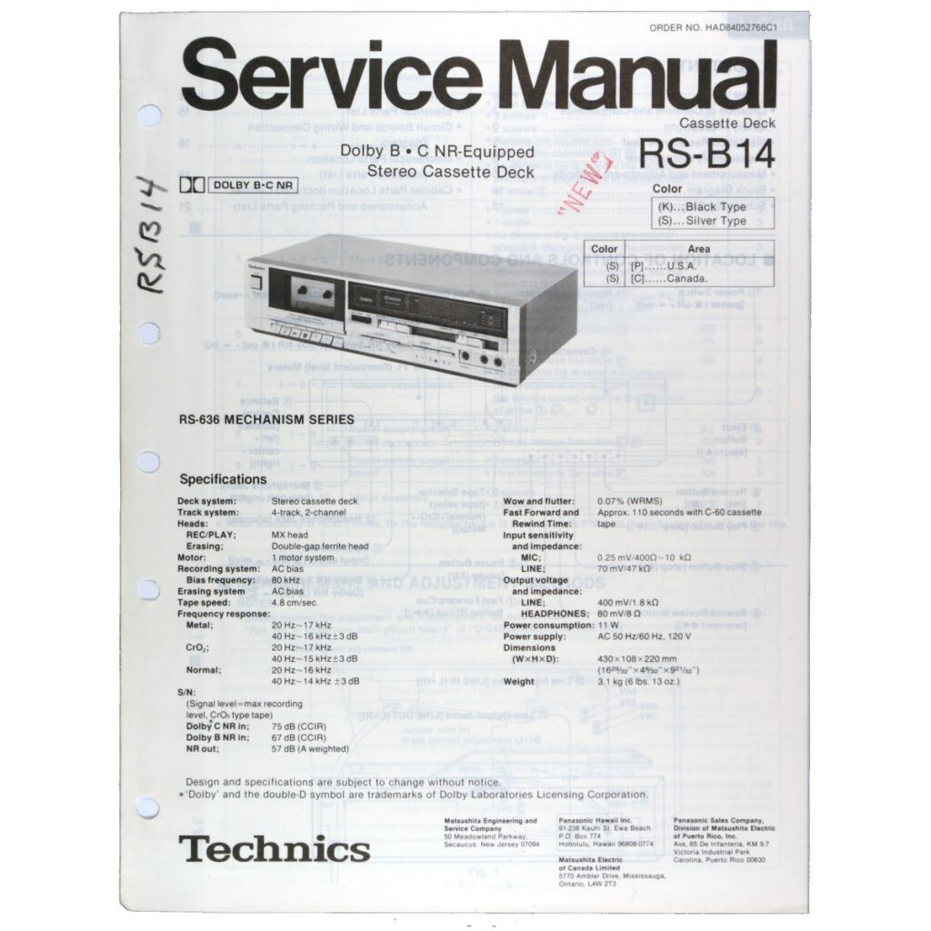 Technics RS-B14 Stereo Cassette Deck — Service Manual