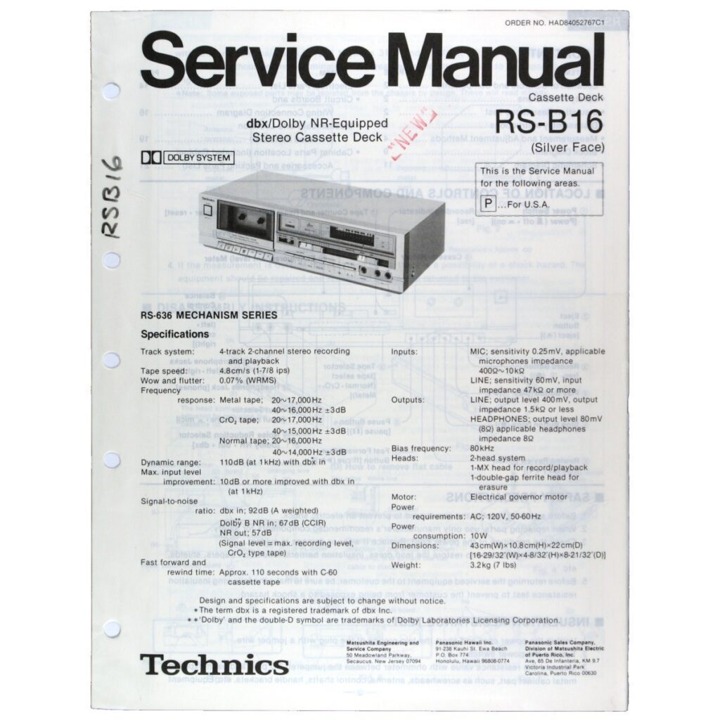 Technics RS-B16 Stereo Cassette Deck — Service Manual