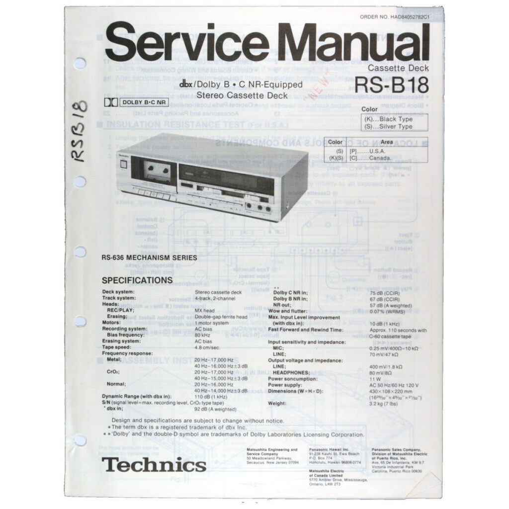 Technics RS-B18 Stereo Cassette Deck — Service Manual