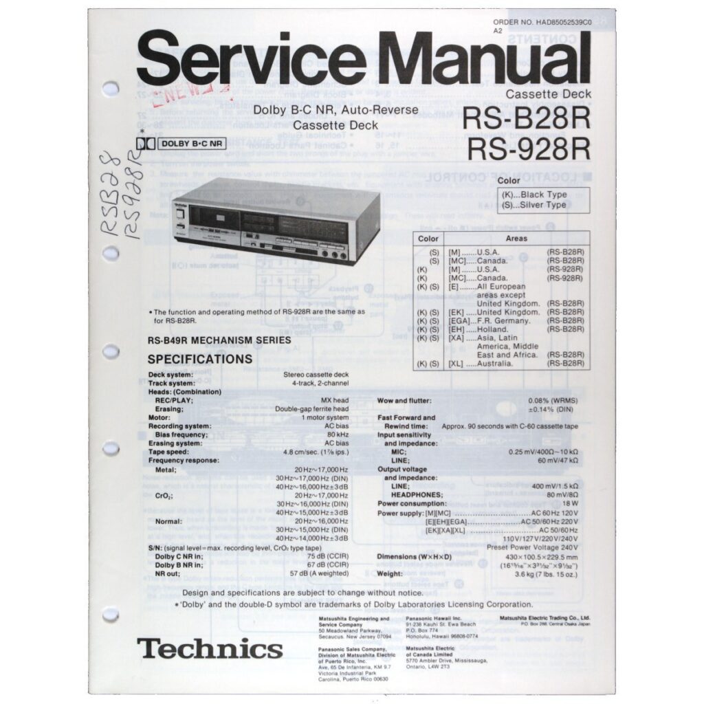 Technics RS-B28R/RS-928R Stereo Cassette Deck — Service Manual