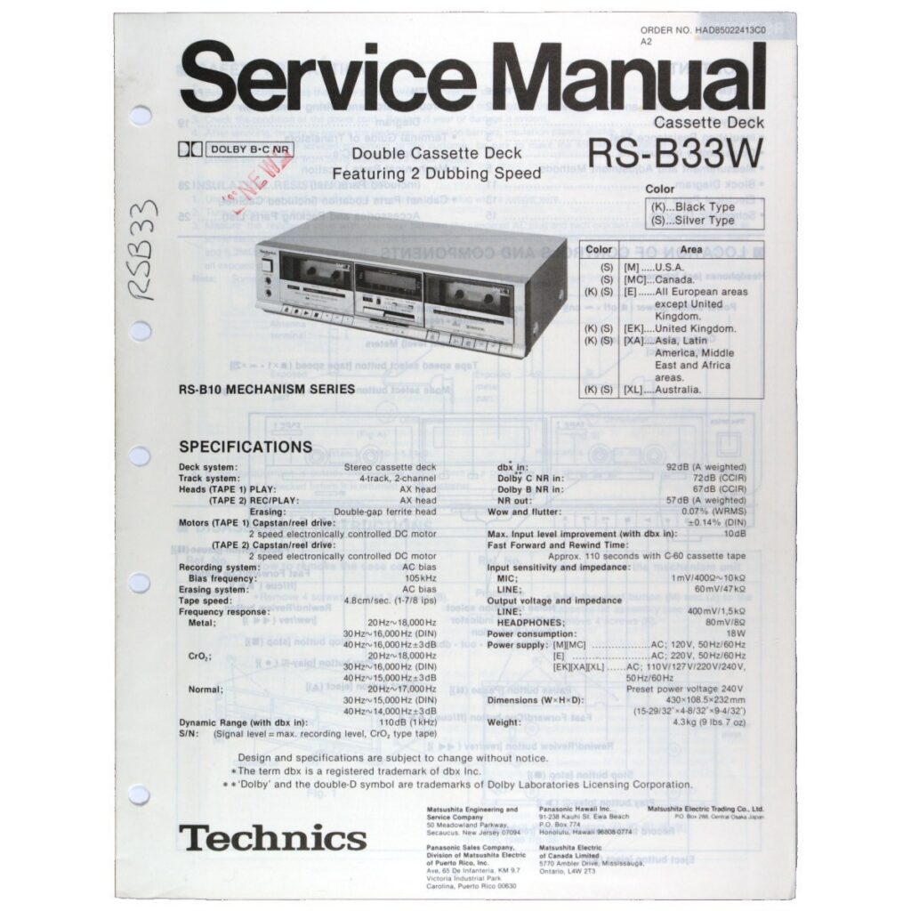 Technics RS-B33W Stereo Cassette Deck — Service Manual