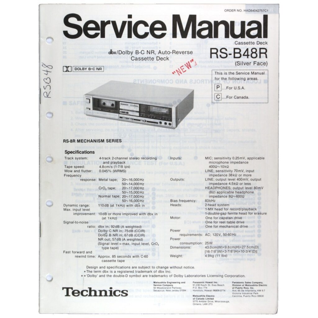 Technics RS-B48R Stereo Cassette Deck — Service Manual