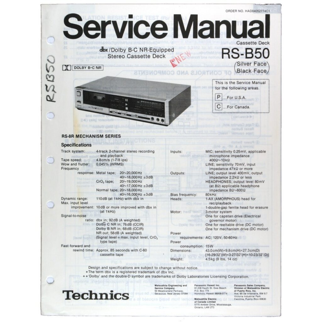 Technics RS-B50 Stereo Cassette Deck — Service Manual