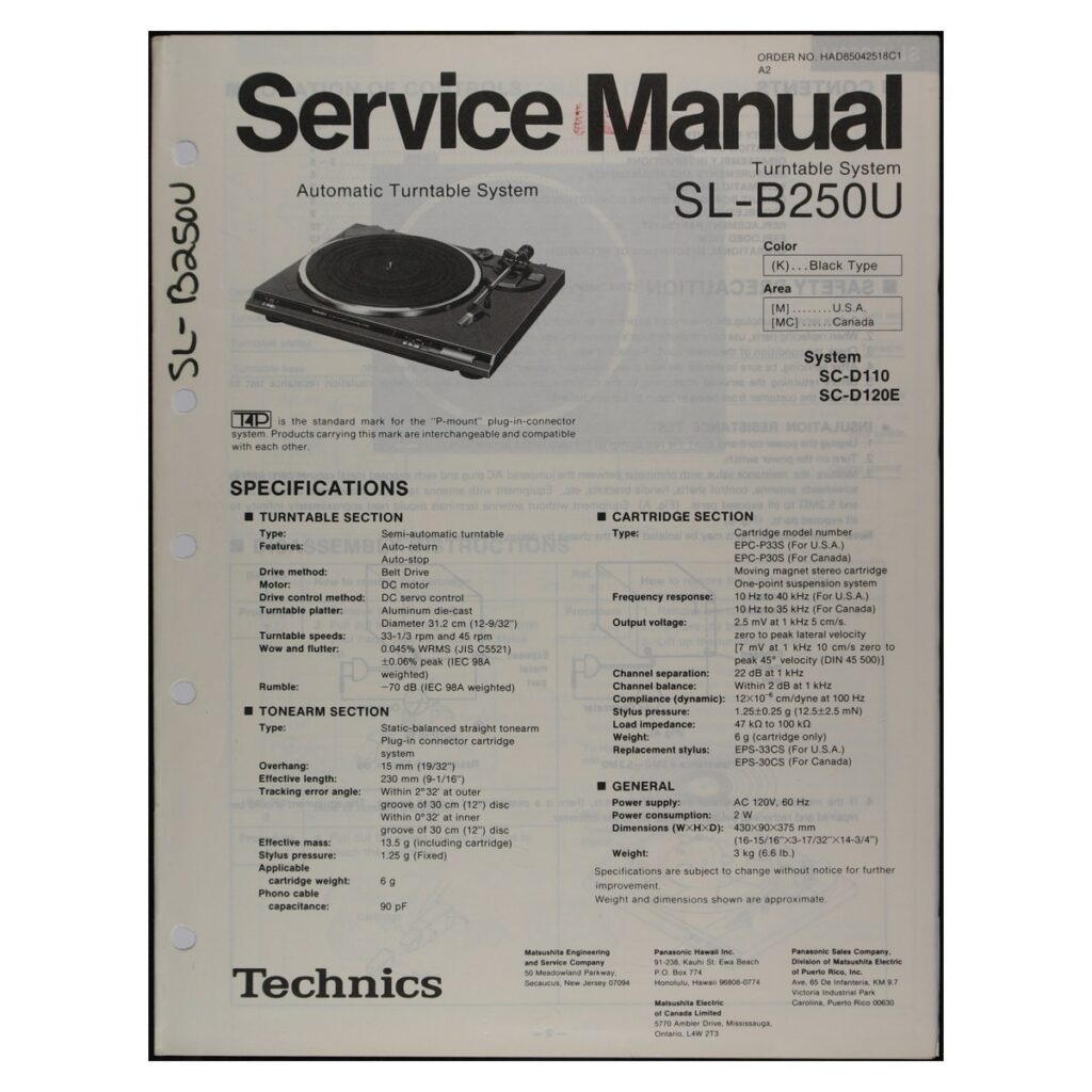 Technics SL-B250U Turntable — Service Manual