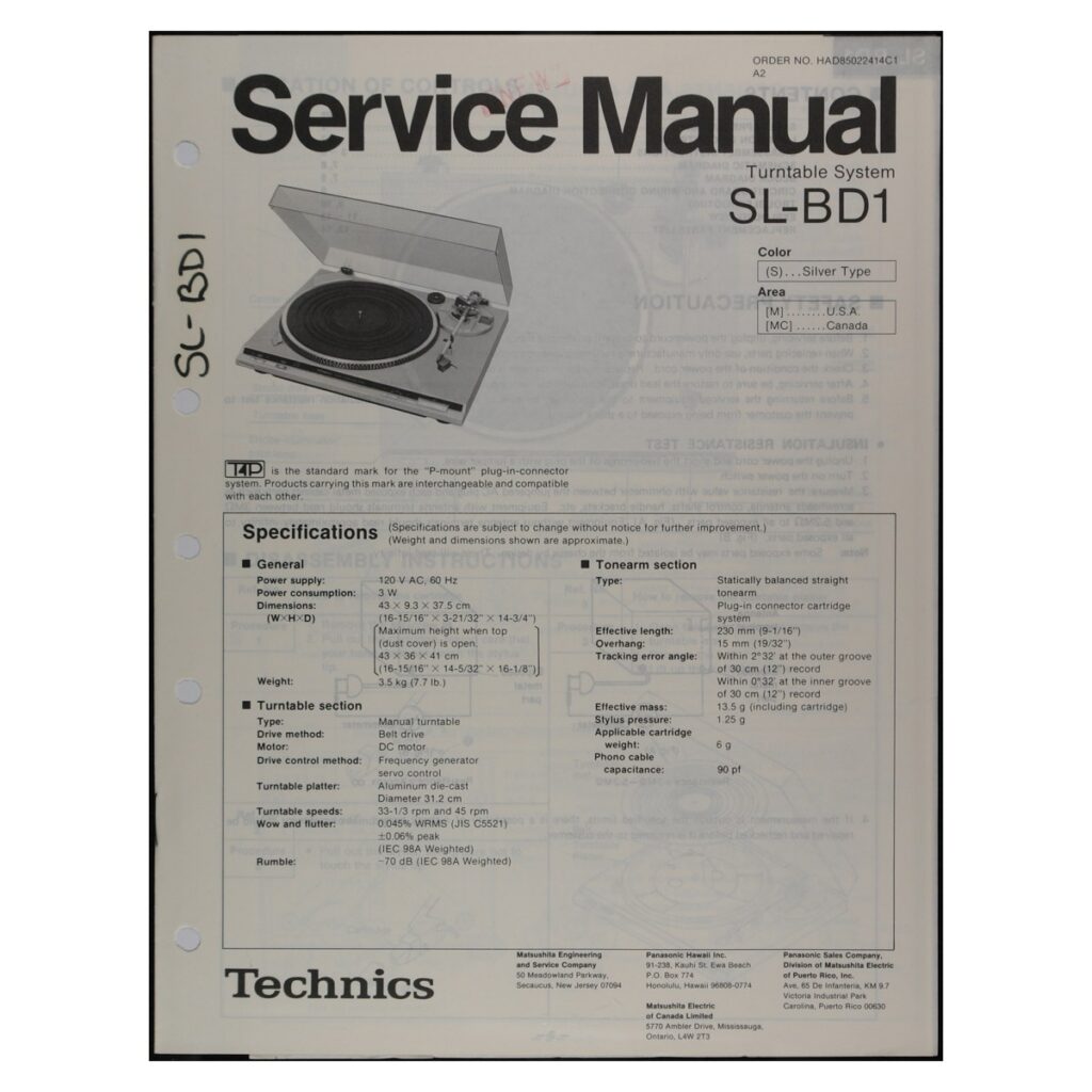 Technics SL-BD1 Turntable — Service Manual