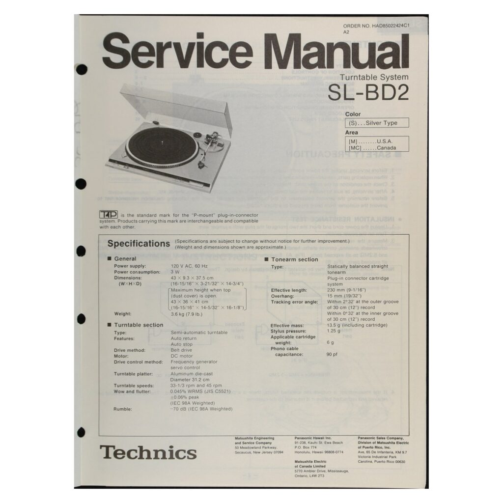 Technics SL-BD2 Turntable — Service Manual