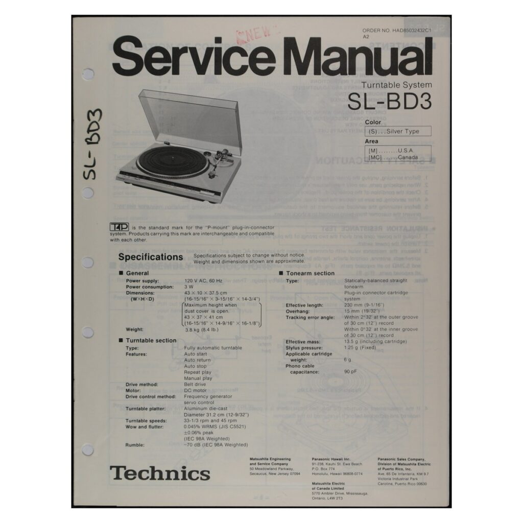 Technics SL-BD3 Turntable — Service Manual