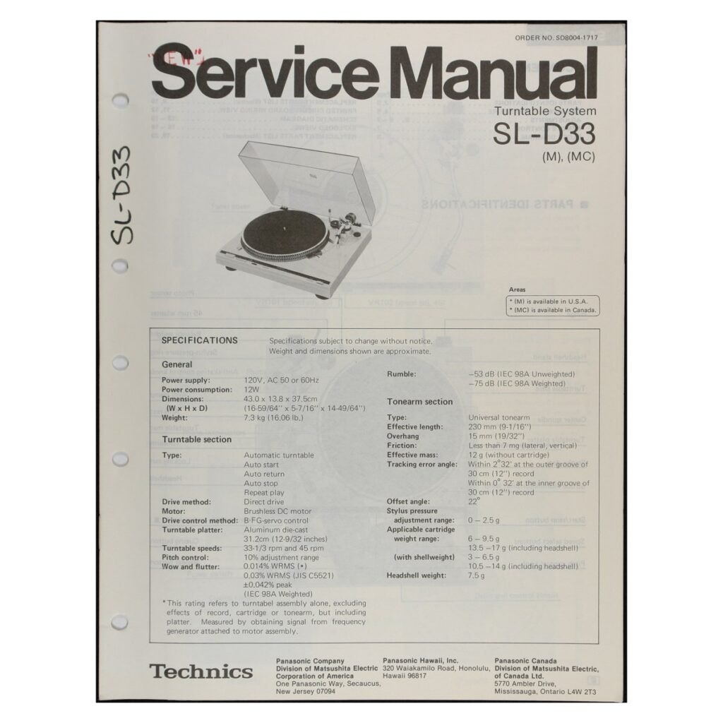 Technics SL-D33 Turntable — Service Manual