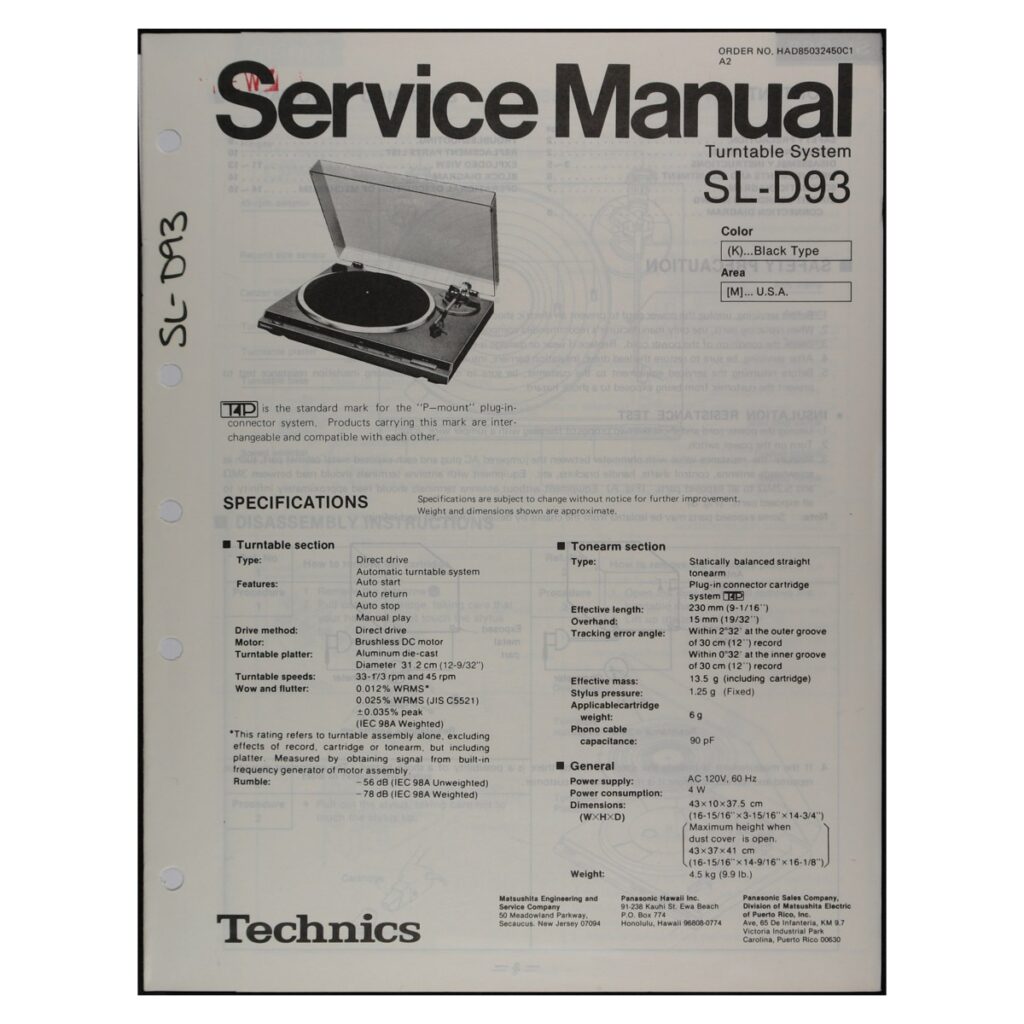 Technics SL-D93 Turntable — Service Manual
