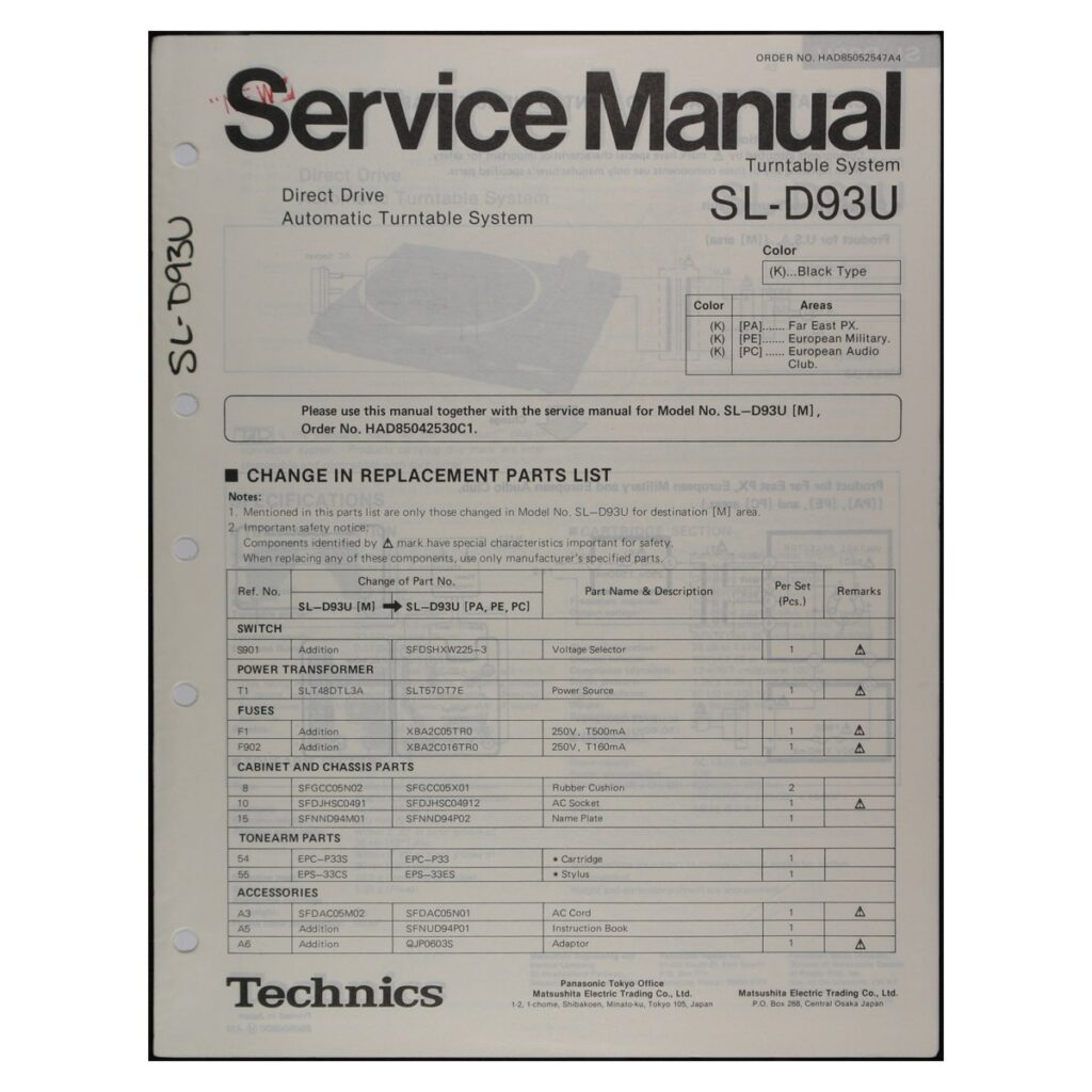 Technics SL-D93U Turntable — Service Manual Supplement