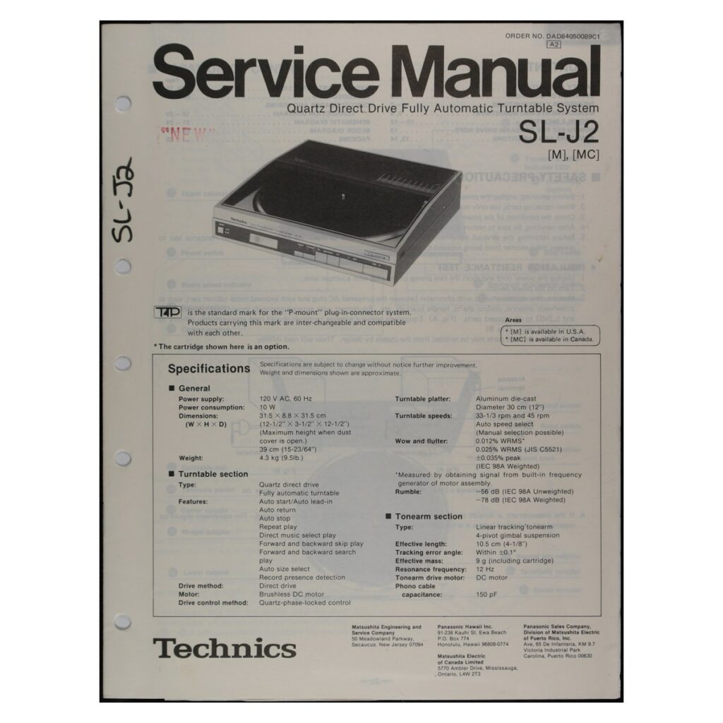 Technics SL-J2 Turntable — Service Manual
