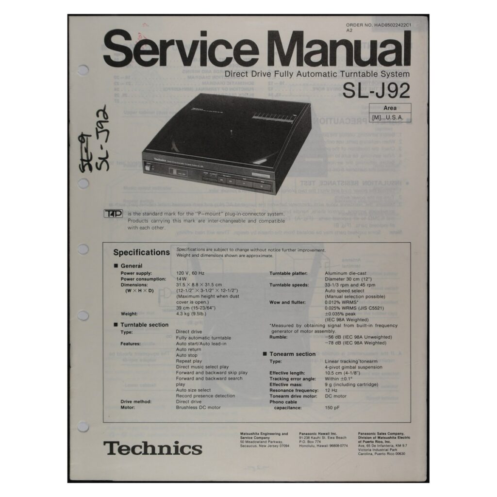Technics SL-J92 Turntable — Service Manual