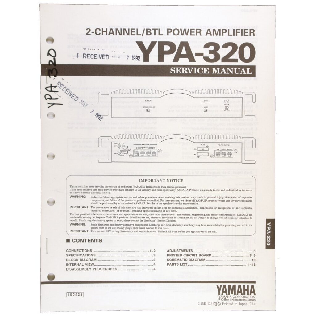 Yamaha YPA-320 2-Channel/BTL Power Amplifier — Service Manual