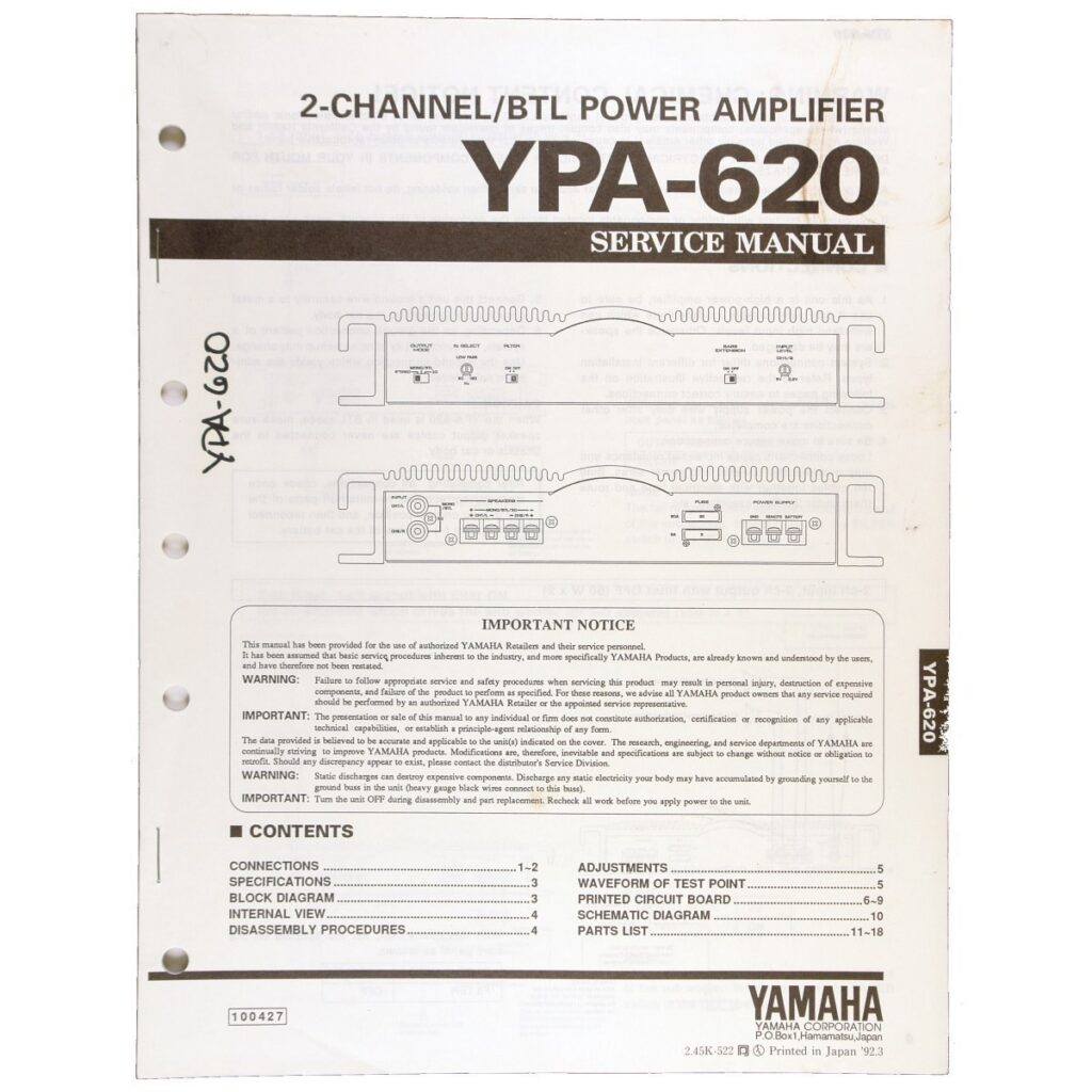 Yamaha YPA-620 2-Channel/BTL Power Amplifier — Service Manual
